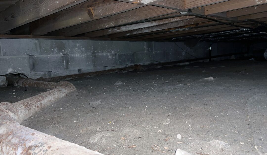 A dirt crawl space under a house contains a pipe that goes from one side of the space to the other side.