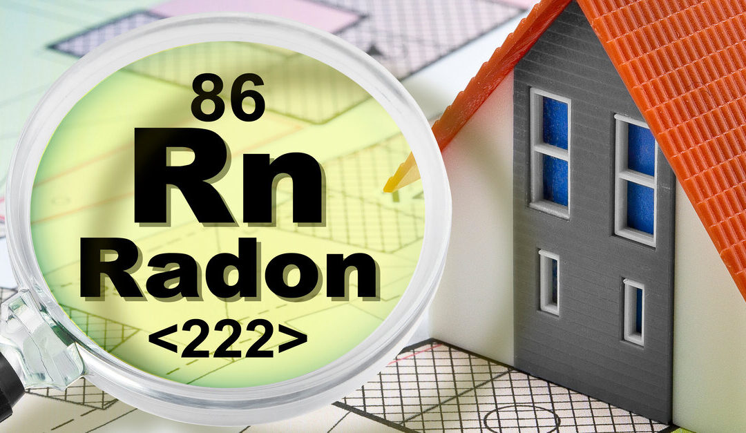 A magnifying glass next to an illustration of a home. The periodic symbol for Radon is inside of the magnifying glass.