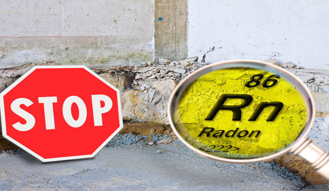A red stop sign is placed on a concrete floor next to a magnifying glass showing various details about Radon.
