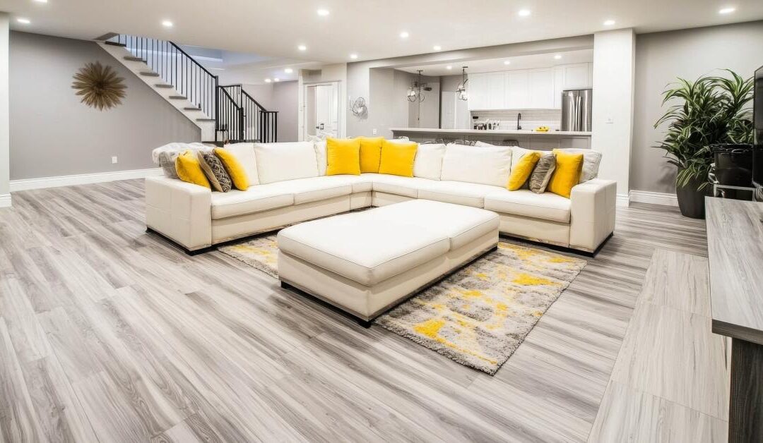 A modern finished basement features a white sectional sofa with yellow pillows, luxury vinyl flooring, and an open kitchen.